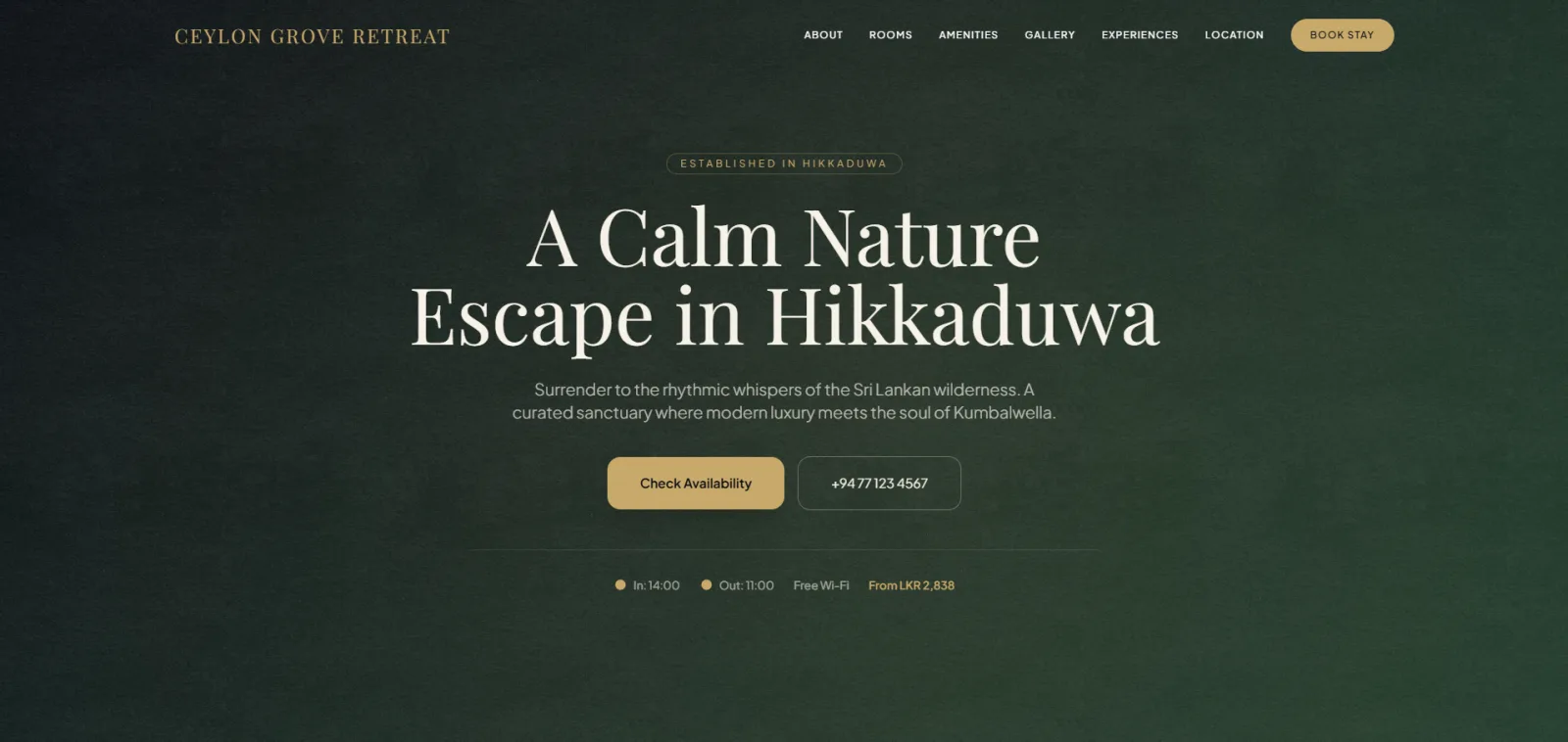 Ceylon Grove Retreat – Luxury Boutique Hotel Website UI — PHP, Tailwind CSS, Js project by Udavin Wijesundara